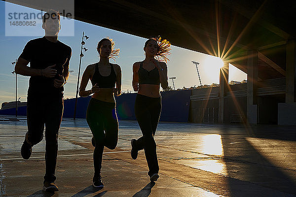 Freunde joggen bei Sonnenuntergang im Sportstadion