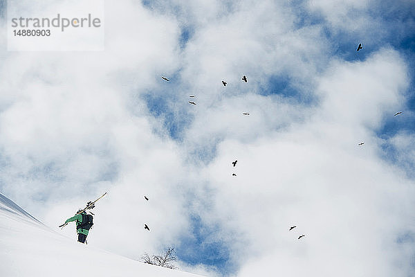 Männlicher Skifahrer stapft einen schneebedeckten Berg hinauf  Alpe-d'Huez  Rhône-Alpes  Frankreich