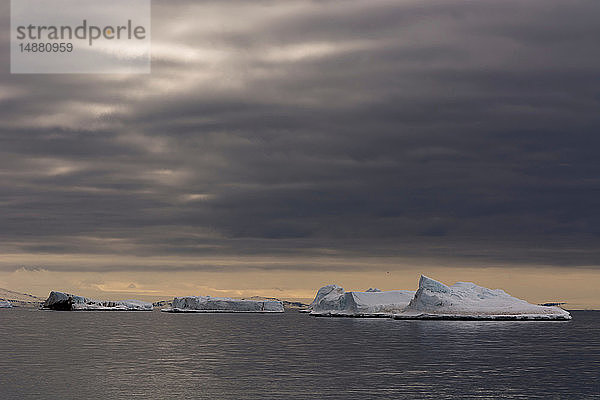 Meereslandschaft mit Eisbergen und Sturmwolken  Vibebukta  Austfonna  Nordaustlandet  Svalbard  Norwegen
