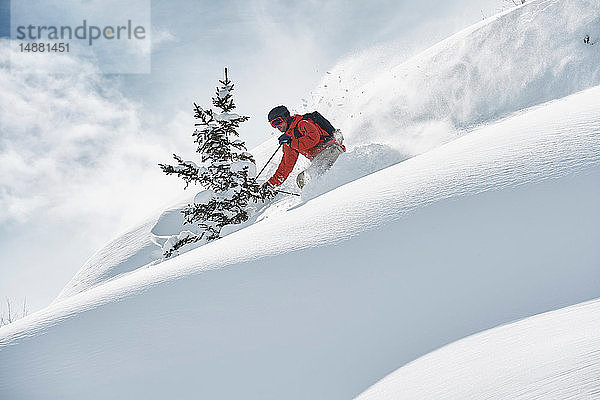 Männlicher Skifahrer auf schneebedecktem Berg  Alpe-d'Huez  Rhône-Alpes  Frankreich