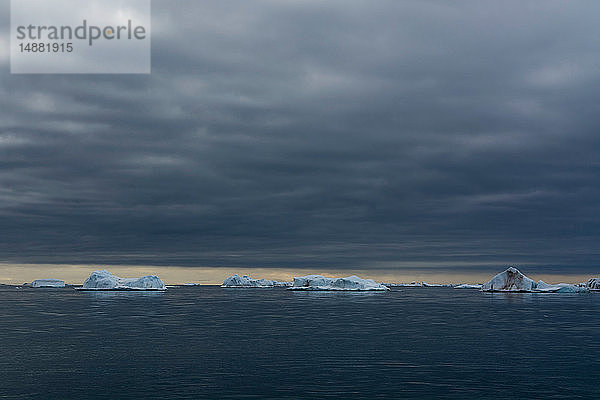 Eisberge unter bewölktem Himmel  Vibebukta  Austfonna  Nordaustlandet  Svalbard  Norwegen