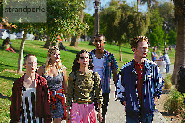 Fünf junge erwachsene Freunde spazieren im Park  Los Angeles  Kalifornien  USA
