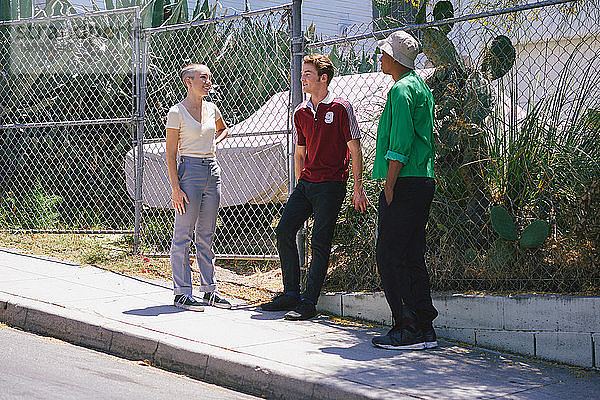 Junge erwachsene Freunde unterhalten sich auf dem Bürgersteig eines Vororts  Los Angeles  Kalifornien  USA