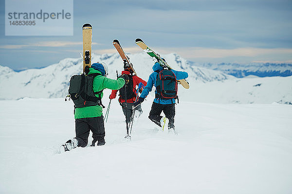 Landschaft mit drei männlichen Skifahrern  die sich auf den Berg zubewegen  Rückansicht  Alpe-d'Huez  Rhône-Alpes  Frankreich