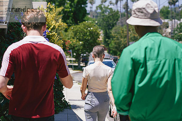 Junge erwachsene Freunde beim Spaziergang auf dem Vorstadtbürgersteig  Rückansicht  Los Angeles  Kalifornien  USA
