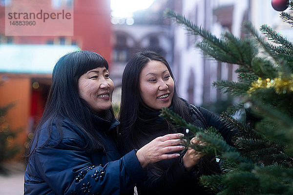 Mutter und Tochter beim Schaufensterbummel auf dem Weihnachtsmarkt  Freiburg  Baden-Württemberg  Deutschland