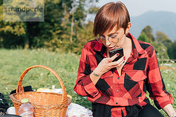 Frau telefoniert beim Picknick  Rezzago  Lombardei  Italien