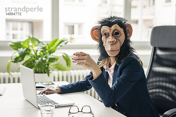 Geschäftsfrau mit Schimpansenmaske  die im Büro arbeitet  mit Laptop