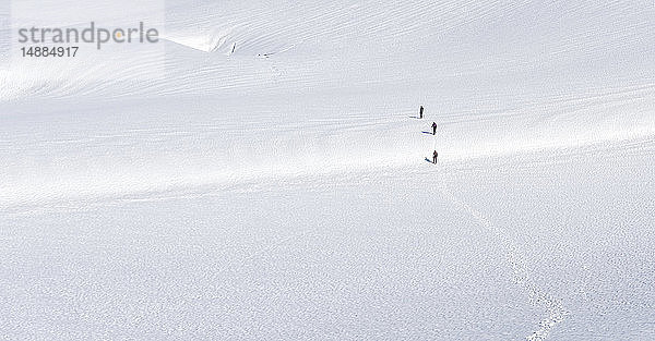 Grönland  Sermersooq  Kulusuk  Schweizer Alpen  drei Personen zu Fuss im Schnee