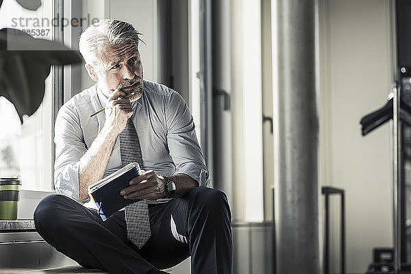 Reifer Geschäftsmann am Fenster sitzend mit Notebook