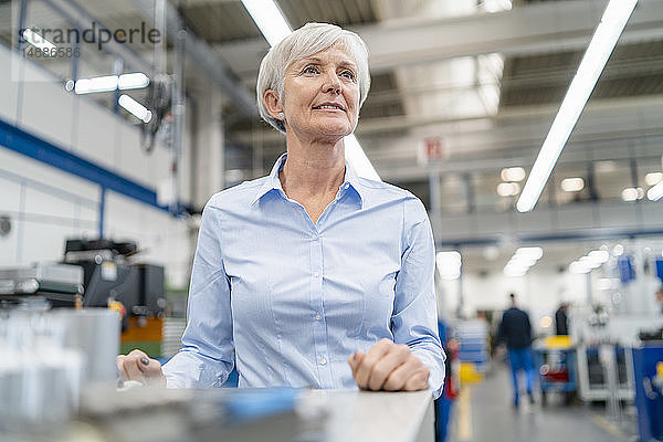 Leitende Geschäftsfrau in einer Fabrik  die sich umsieht