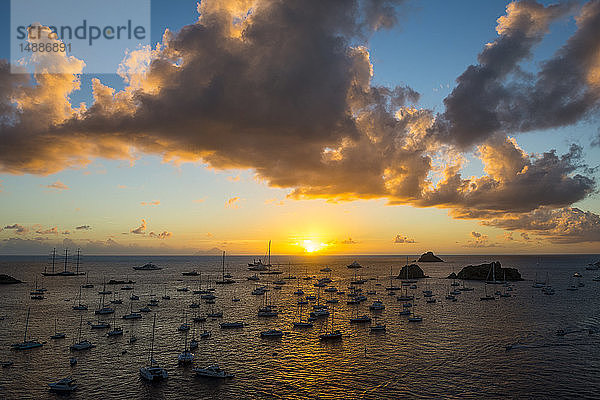 Karibik  Kleine Antillen  St. Barthelemy  Sonnenuntergang über den Luxusyachten  im Hafen von Gustavia