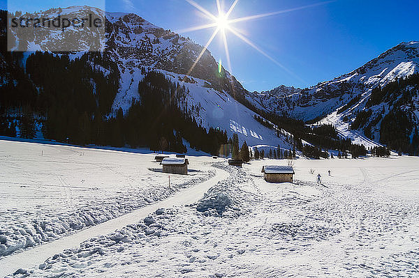 Österreich  Tirol  Tannheimer Tal  Scheunen im Winter gegen die Sonne