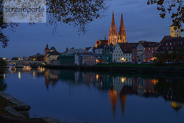 Deutschland  Bayern  Regensburg  Altstadt  Steinerne Brücke  Brucktor und Regensburger Dom  Donau bei Nacht