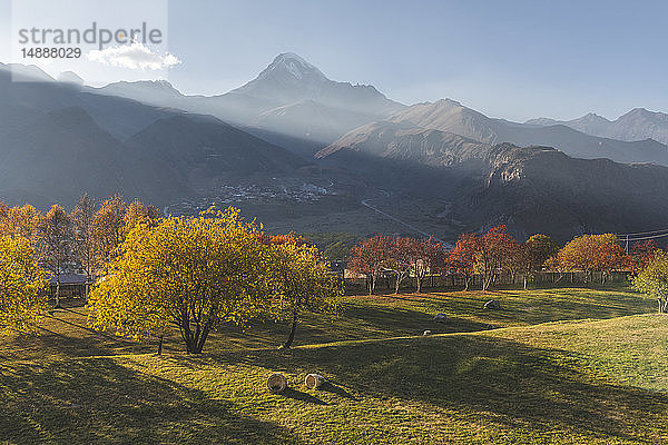 Georgien  Großkaukasus  Stepantsminda  Dreifaltigkeitskirche von Gergeti und Berg Kasbek im Herbst