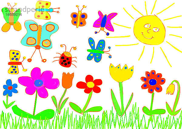 Kinderbild mit Blumenwiese und Schmetterlingen