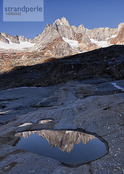 Grönland  Sermersooq  Kulusuk  Schweizer Alpen  Wasserbecken im Schatten und Berge im Sonnenlicht
