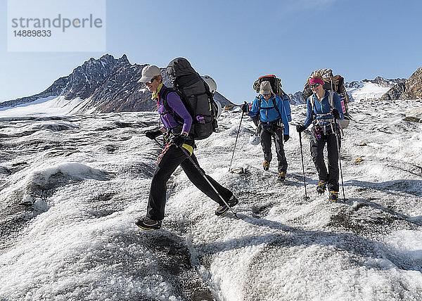 Grönland  Sermersooq  Kulusuk  Schweizer Alpen  drei Personen wandern in verschneiter Berglandschaft