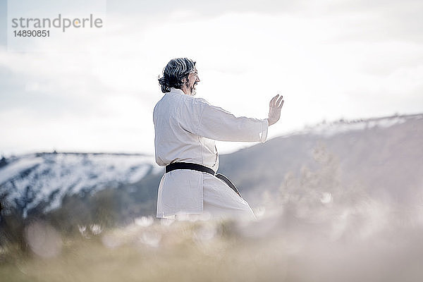 Älterer Mann praktiziert Karate im Freien