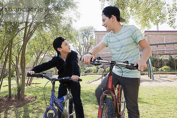 Brüder mit Fahrrädern im Park