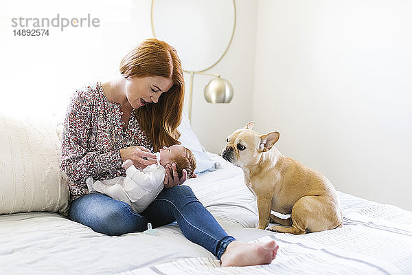 Hund sitzt neben einer Frau  die ihren neugeborenen Sohn im Bett hält