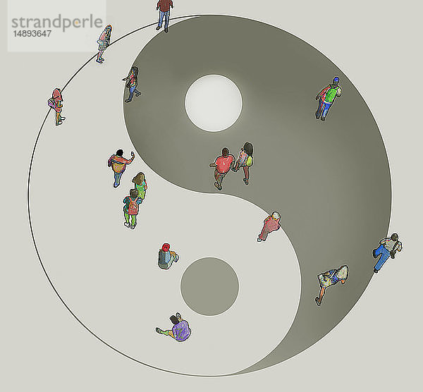 Draufsicht auf Menschen  die über das Yin-Yang-Symbol laufen