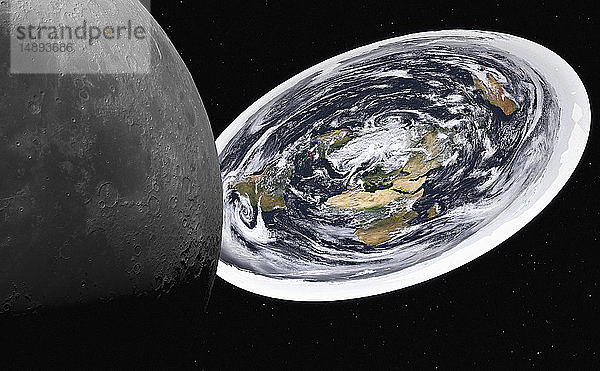 Digital manipuliertes Bild von Mond und flacher Erde aus dem Weltraum
