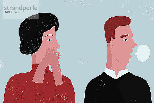 Kontrast zwischen Mann mit Sprechblase und Frau  die ihren Mund bedeckt