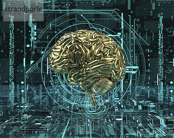 Das goldene Gehirn im Zentrum der komplexen digitalen Technologie des Cyberspace