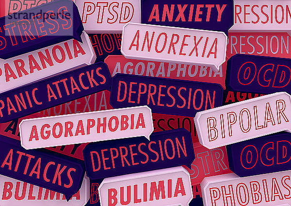 Nahaufnahme vieler Sprechblasen zu verschiedenen Themen der psychischen Gesundheit
