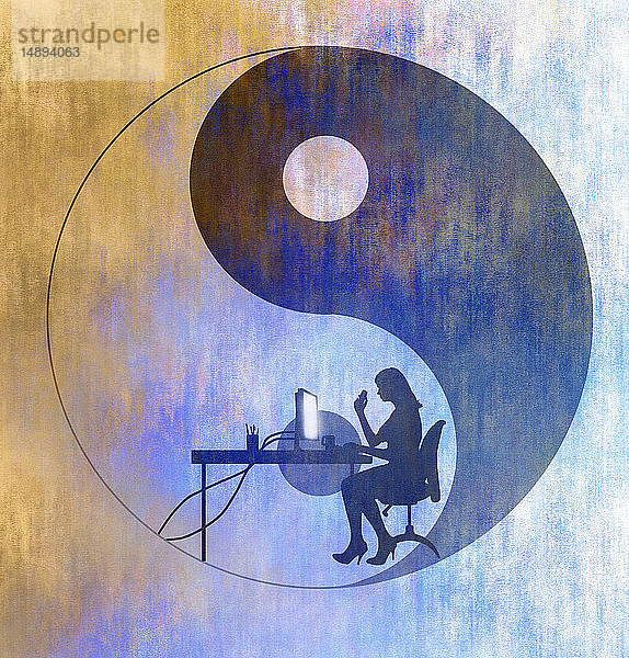 Yin-Yang-Symbol und Frau bei der Arbeit