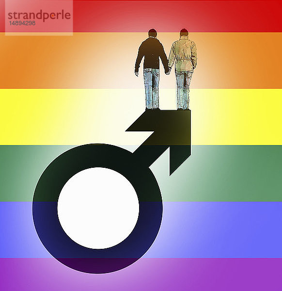 Homosexuelles Paar hält sich an der Spitze des männlichen Geschlechtssymbols