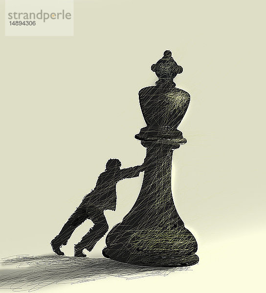 Mann kämpft  um die Schachfigur des Königs zu stürzen