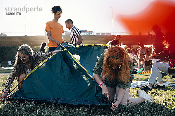 Freunde zelten im Sommer auf dem Rasen des Musikfestivals