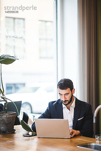 Männlicher Unternehmer benutzt Laptop  während er im Büro am Tisch sitzt