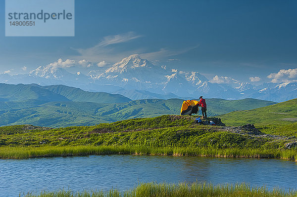 Rucksacktourist schlägt sein Zelt auf der Tundra auf und überblickt die Südseite des Denali und die Alaska Range  Denali State Park  Süd-Zentral-Alaska; Alaska  Vereinigte Staaten von Amerika