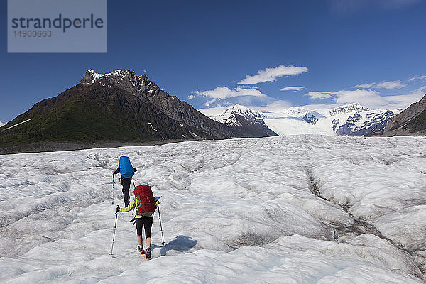 Paar  das im Sommer mit Steigeisen über den Root-Gletscher zum Donoho Peak wandert  Wrangell Mountains  Wrangell-St. Elias National Park  Süd-Zentral-Alaska; Kennicott  Alaska  Vereinigte Staaten von Amerika