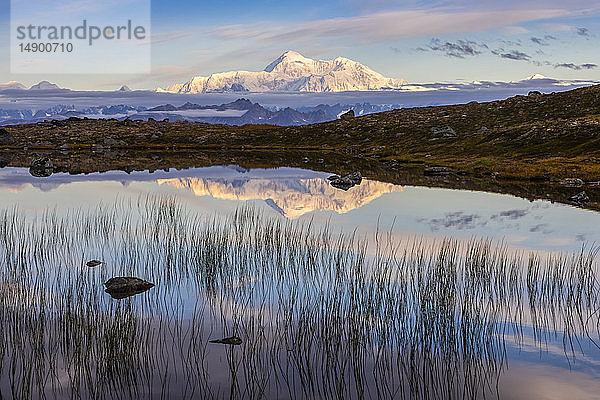 Landschaftliche Ansicht der Südseite des Denali  die sich in einem Teich entlang des Kesugi Ridge Trail spiegelt  Denali State Park  Süd-Zentral-Alaska; Alaska  Vereinigte Staaten von Amerika