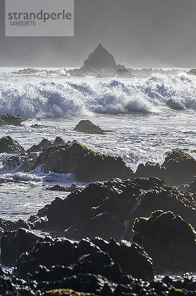 Plätschernde Wellen in Ufernähe und schroffe Felsen an der Südküste; Wellington  Neuseeland