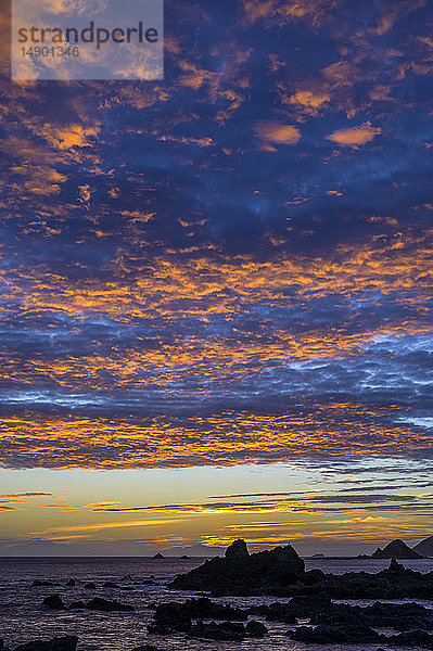 Glühende  goldene Wolken und Silhouetten von Felsformationen und der zerklüfteten Küstenlinie entlang der Südküste bei Sonnenuntergang; Wellington  Neuseeland