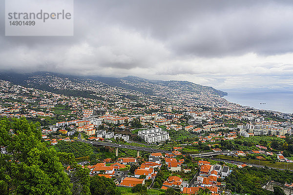 Blick auf die orangefarbenen Dächer der Häuser in Funchal  Madeira  mit dem Hafen in der Ferne; Funchal  Madeira  Portugal