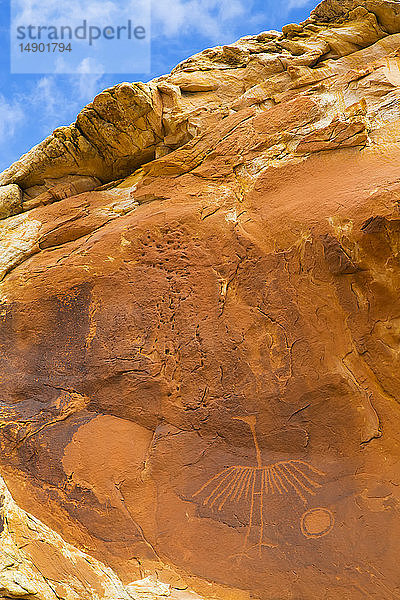 Großes Kranich-Piktogramm der Pueblo-Ureinwohner  etwa 900-1000 Jahre alt  Bears Ears National Monument; Utah  Vereinigte Staaten von Amerika