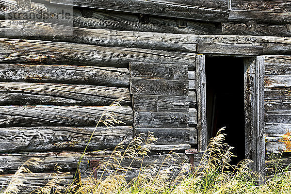 Nahaufnahme einer Wand einer alten Holzscheune mit Türöffnung; Erickson  Manitoba  Kanada