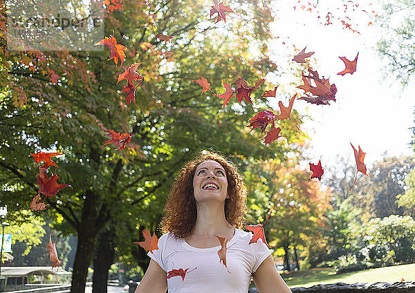 Porträt einer Frau mit rotem  lockigem Haar  die herbstlich gefärbte Blätter in die Luft wirft; Burnaby  British Columbia  Kanada