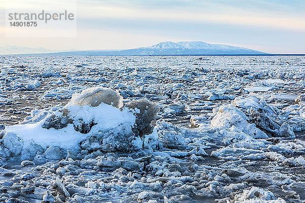 Blick nach Westen über den Knik Arm  Meereis im Winter  das den Cook Inlet im Winter erstickt  mit dem Mount Susitna (Sleeping Lady) im Hintergrund  fotografiert von Anchorage  Alaska; Anchorage  Alaska  Vereinigte Staaten von Amerika