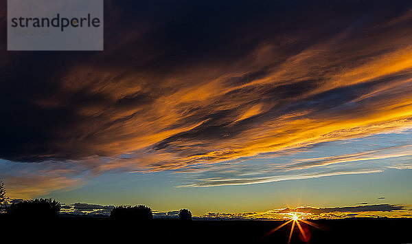 Dramatische warm gefärbte Wolken bei Sonnenuntergang mit Sonnenaufgang und blauem Himmel  westlich von Calgary; Alberta  Kanada