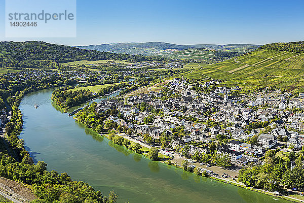 Blick auf ein Dorf am Flussufer mit einer Flussbiegung und steilen Weinbergshängen im Hintergrund und blauem Himmel; Bernkastel  Deutschland