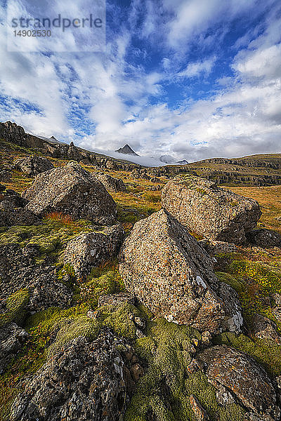 Schöne  zerklüftete Landschaft entlang der Ostküste Islands; Island
