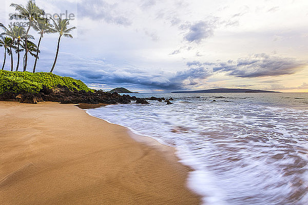 Eine sanfte Welle erreicht den Strand mit Palmen an einem bewölkten Tag; Makena  Maui  Hawaii  Vereinigte Staaten von Amerika