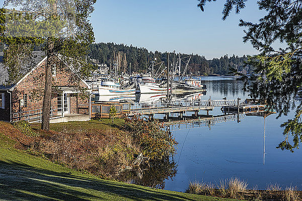 Eine ruhige Morgenansicht mit Blick auf einen Teil des Jachthafens und der Fischerboote in Gig Harbor; Gig Harbor  Washington  Vereinigte Staaten von Amerika